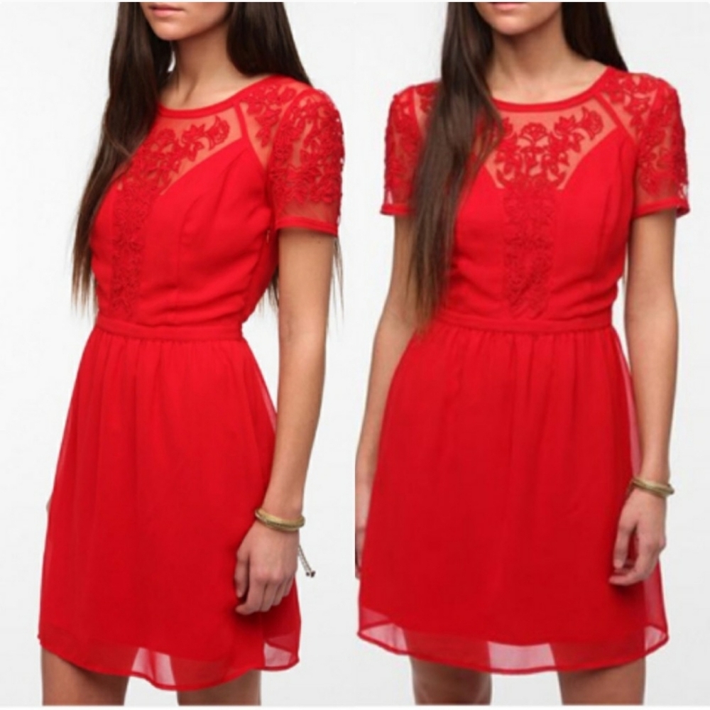 Kimchi Blue Red Lace Dress Button Back 10